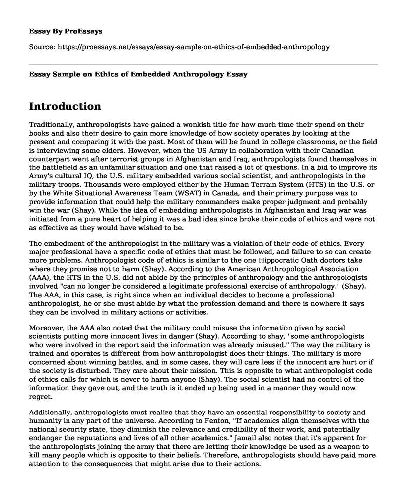 Essay Sample on Ethics of Embedded Anthropology