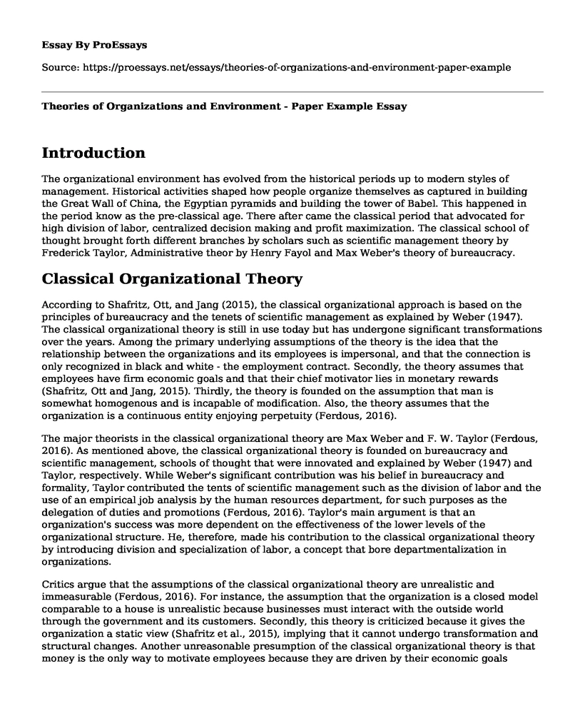 Theories of Organizations and Environment - Paper Example