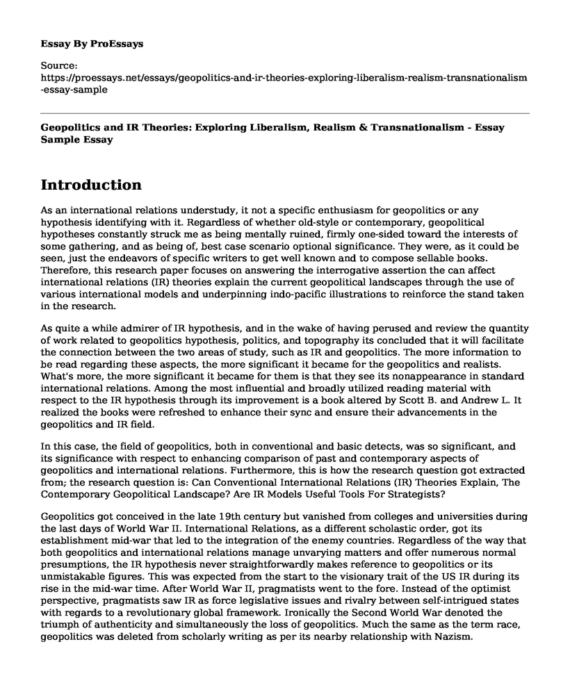 Geopolitics and IR Theories: Exploring Liberalism, Realism & Transnationalism - Essay Sample