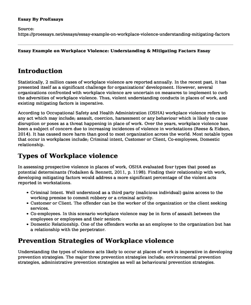 Essay Example on Workplace Violence: Understanding & Mitigating Factors