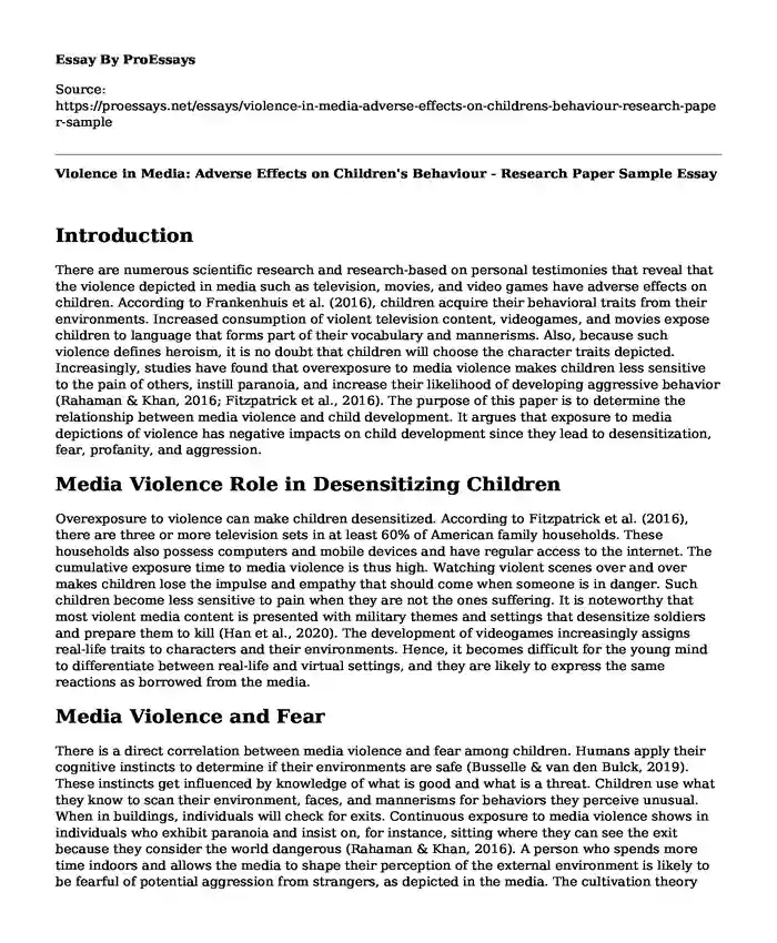 Violence in Media: Adverse Effects on Children's Behaviour - Research Paper Sample
