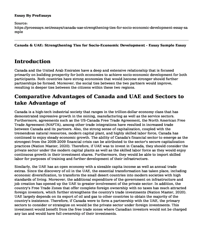 Canada & UAE: Strengthening Ties for Socio-Economic Development - Essay Sample