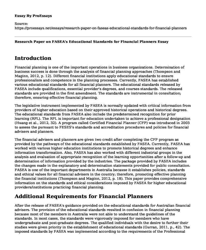 Research Paper on FASEA's Educational Standards for Financial Planners
