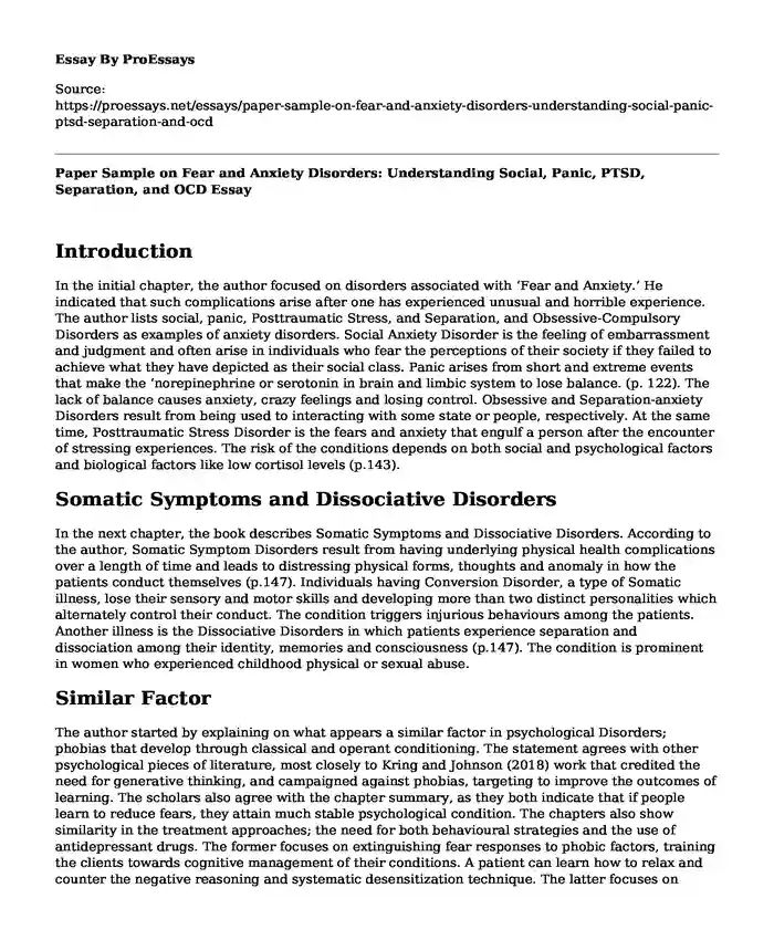 Paper Sample on Fear and Anxiety Disorders: Understanding Social, Panic, PTSD, Separation, and OCD