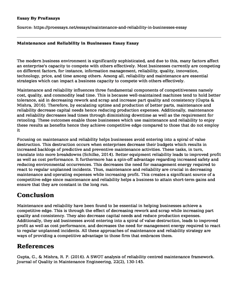 Maintenance and Reliability in Businesses Essay