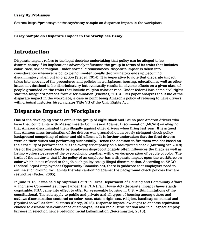Essay Sample on Disparate Impact in the Workplace