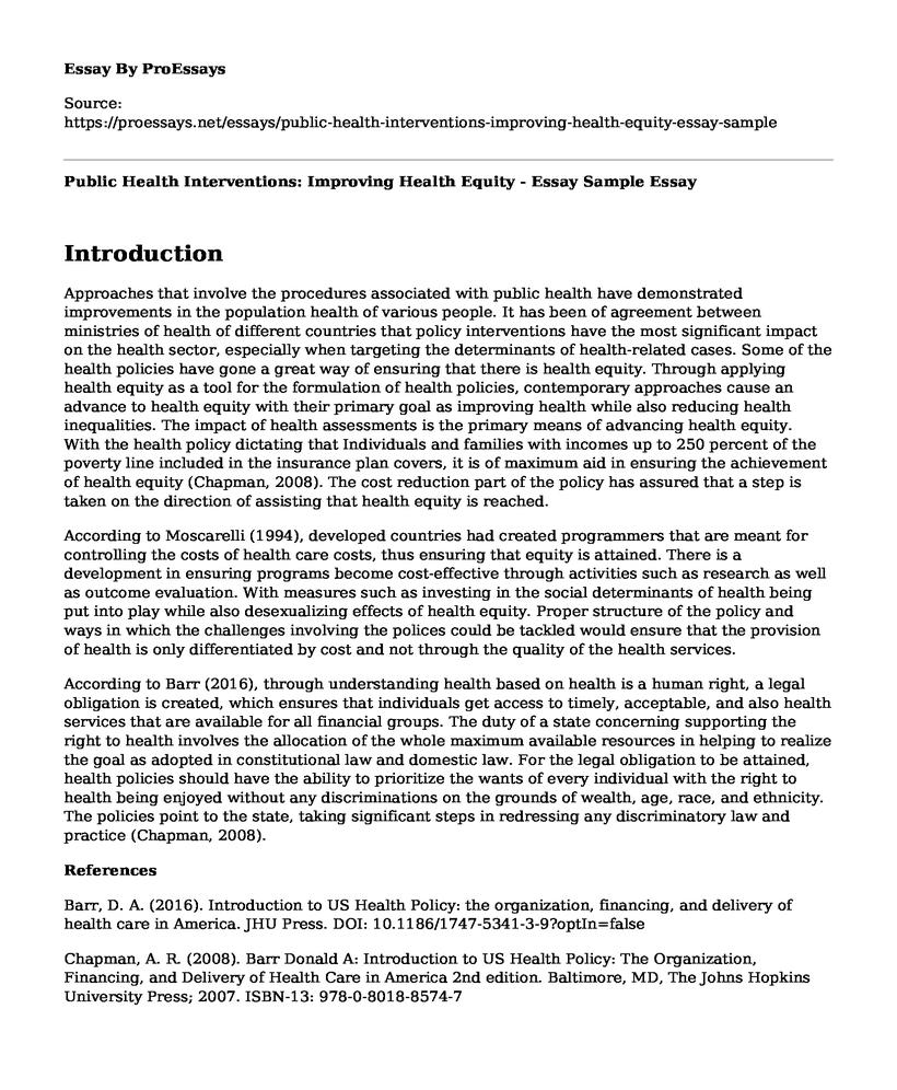 Public Health Interventions: Improving Health Equity - Essay Sample