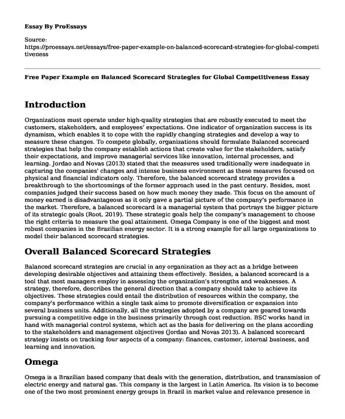 Free Paper Example on Balanced Scorecard Strategies for Global Competitiveness