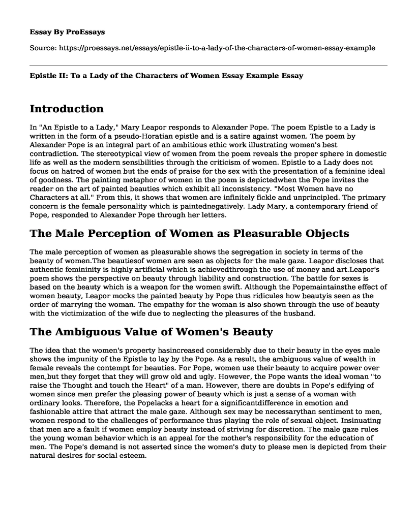Epistle II: To a Lady of the Characters of Women Essay Example