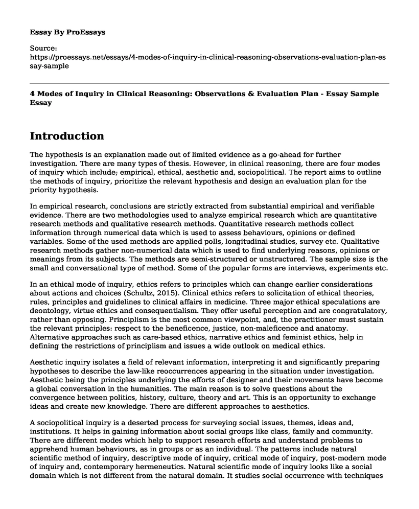 4 Modes of Inquiry in Clinical Reasoning: Observations & Evaluation Plan - Essay Sample