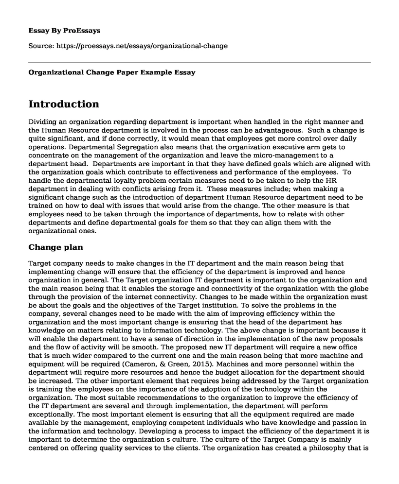 Organizational Change Paper Example