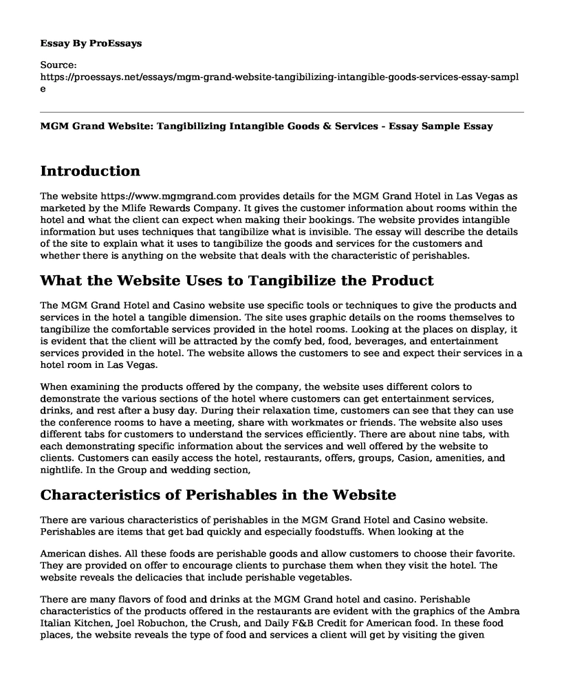 MGM Grand Website: Tangibilizing Intangible Goods & Services - Essay Sample