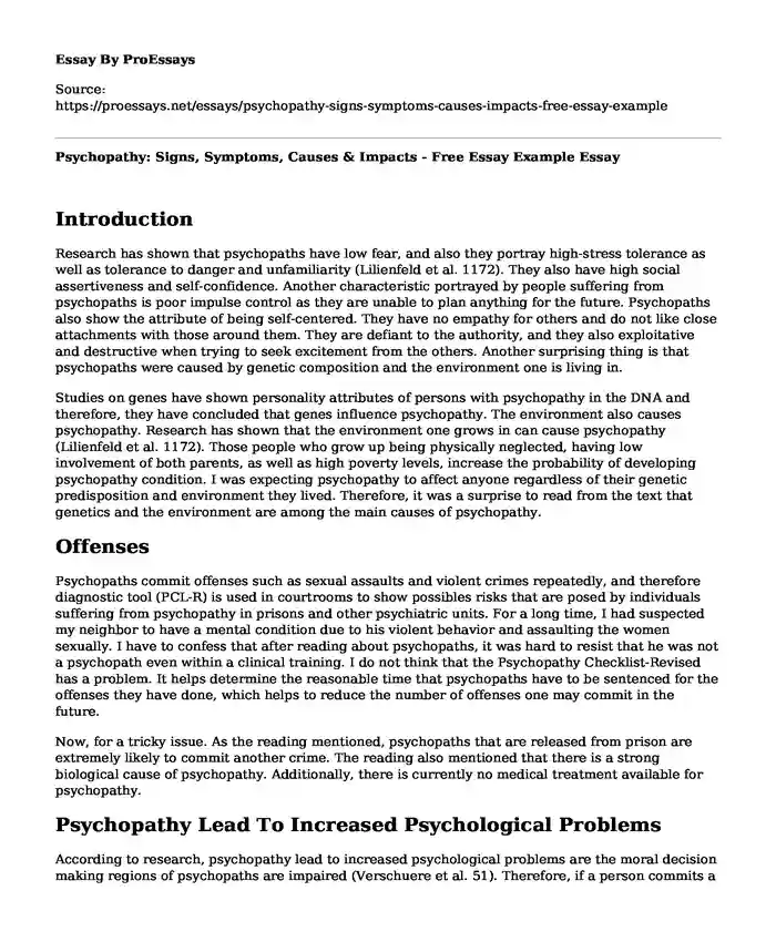 Psychopathy: Signs, Symptoms, Causes & Impacts - Free Essay Example 