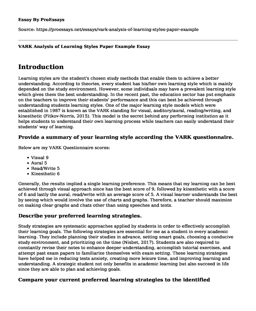 VARK Analysis of Learning Styles Paper Example