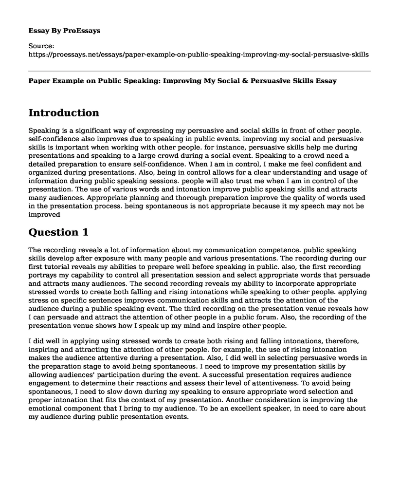 Paper Example on Public Speaking: Improving My Social & Persuasive Skills
