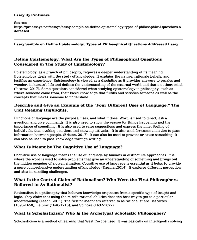 Essay Sample on Define Epistemology: Types of Philosophical Questions Addressed