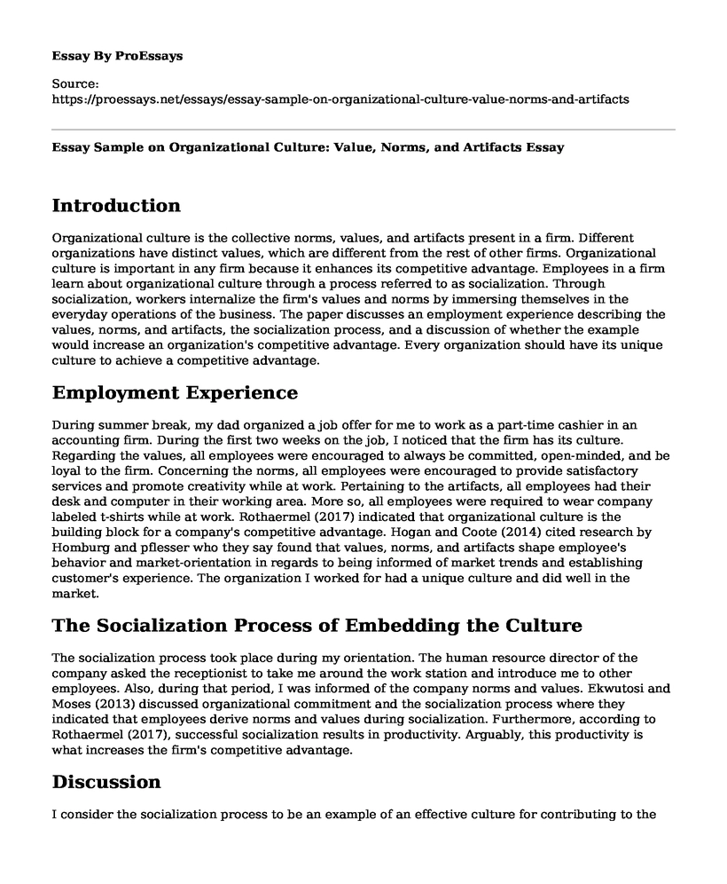 Essay Sample on Organizational Culture: Value, Norms, and Artifacts