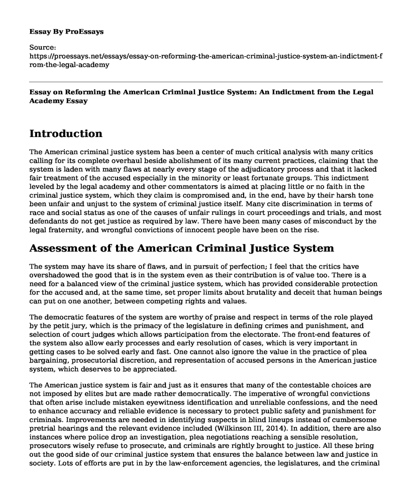Essay on Reforming the American Criminal Justice System: An Indictment from the Legal Academy