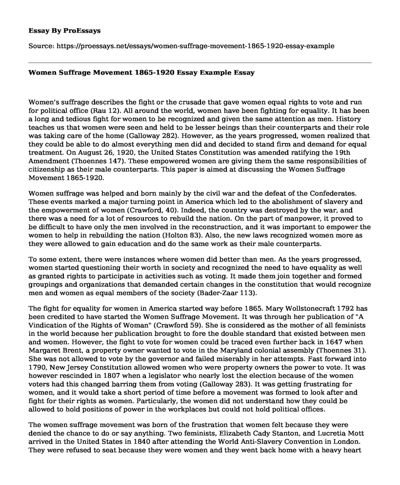 Women Suffrage Movement 1865-1920 Essay Example