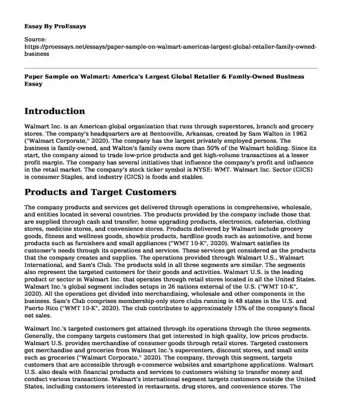 Paper Sample on Walmart: America's Largest Global Retailer & Family-Owned Business