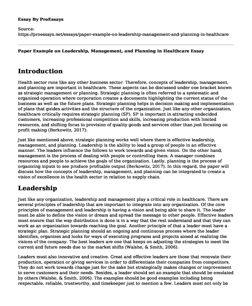 Paper Example on Leadership, Management, and Planning in Healthcare