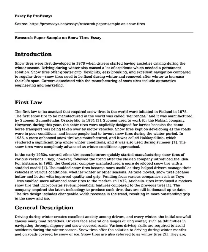 Research Paper Sample on Snow Tires