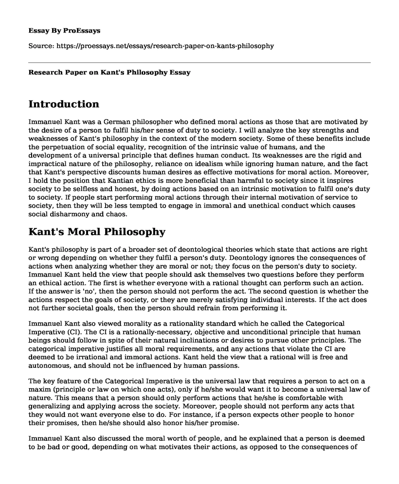 Research Paper on Kant's Philosophy