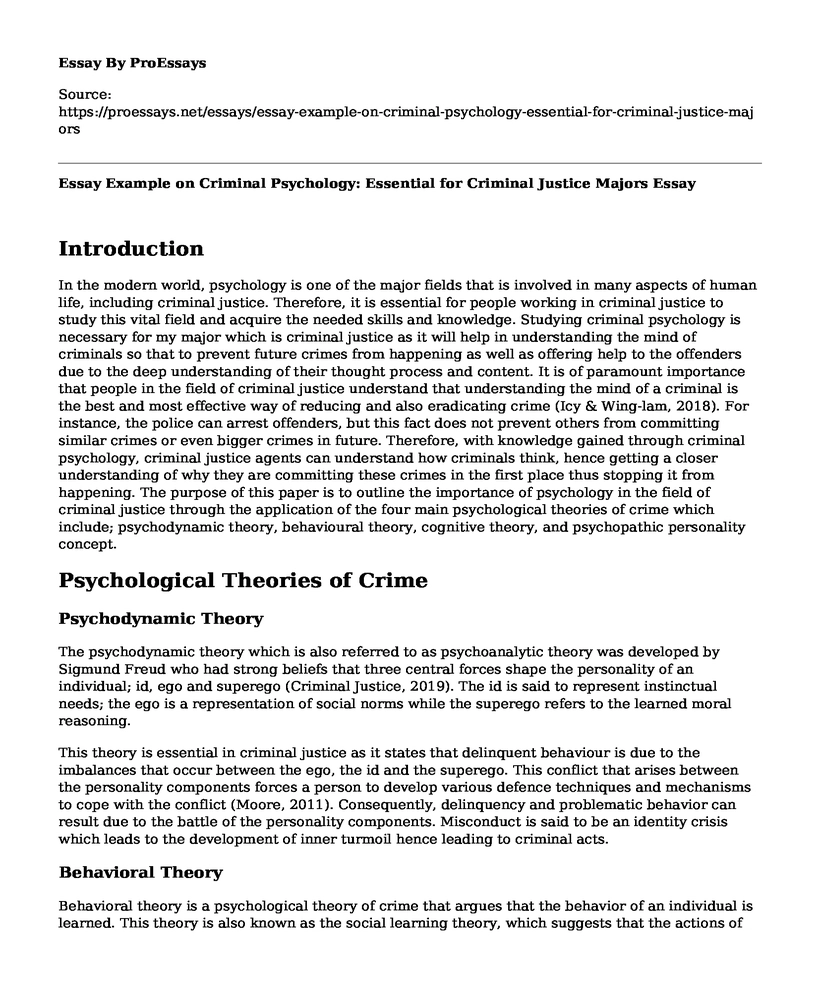 Essay Example on Criminal Psychology: Essential for Criminal Justice Majors