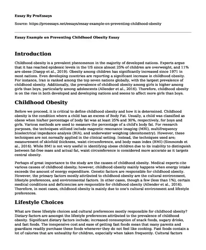 Essay Example on Preventing Childhood Obesity