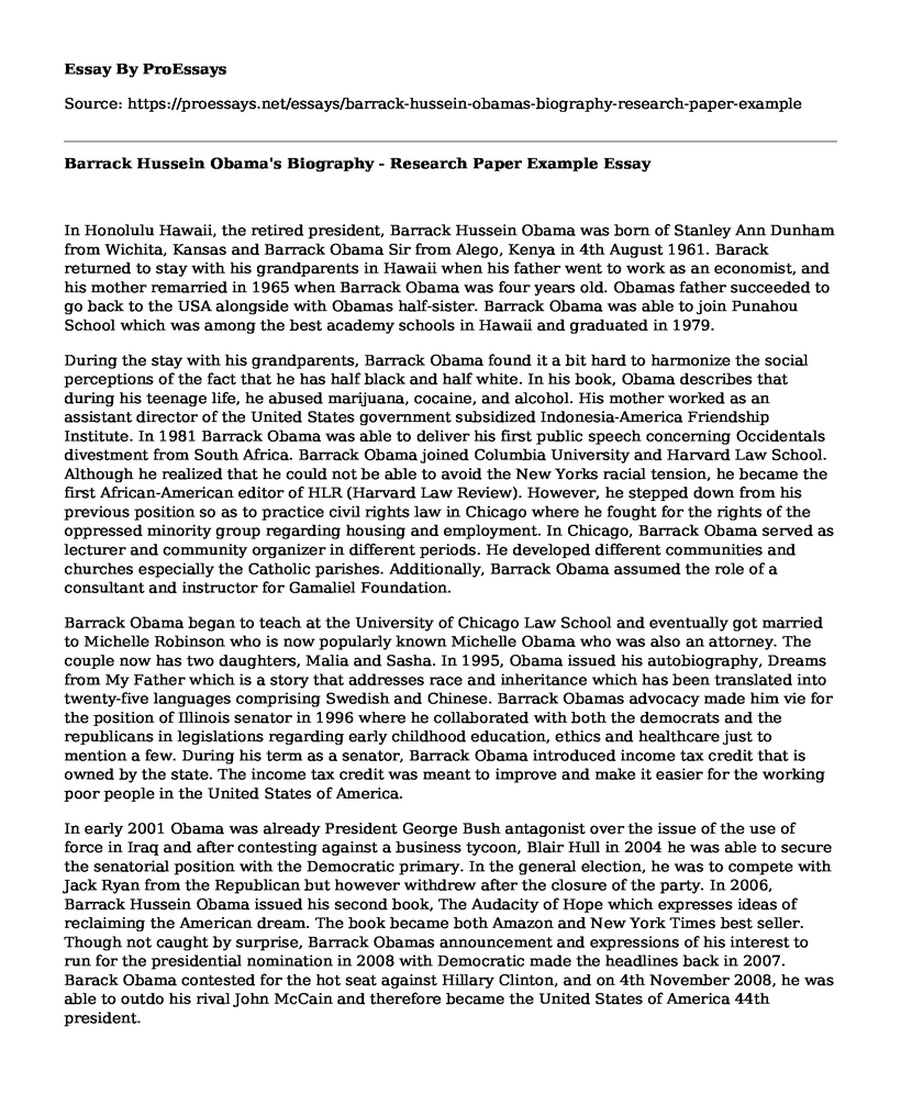 Barrack Hussein Obama's Biography - Research Paper Example