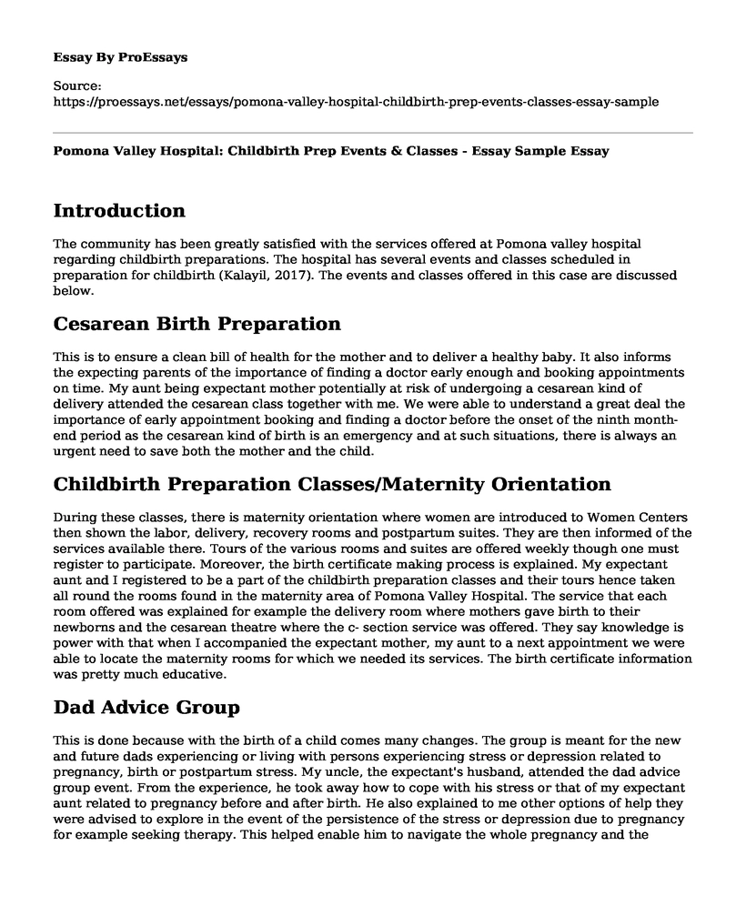 Pomona Valley Hospital: Childbirth Prep Events & Classes - Essay Sample