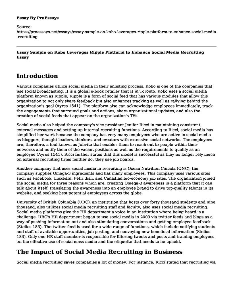 Essay Sample on Kobo Leverages Ripple Platform to Enhance Social Media Recruiting