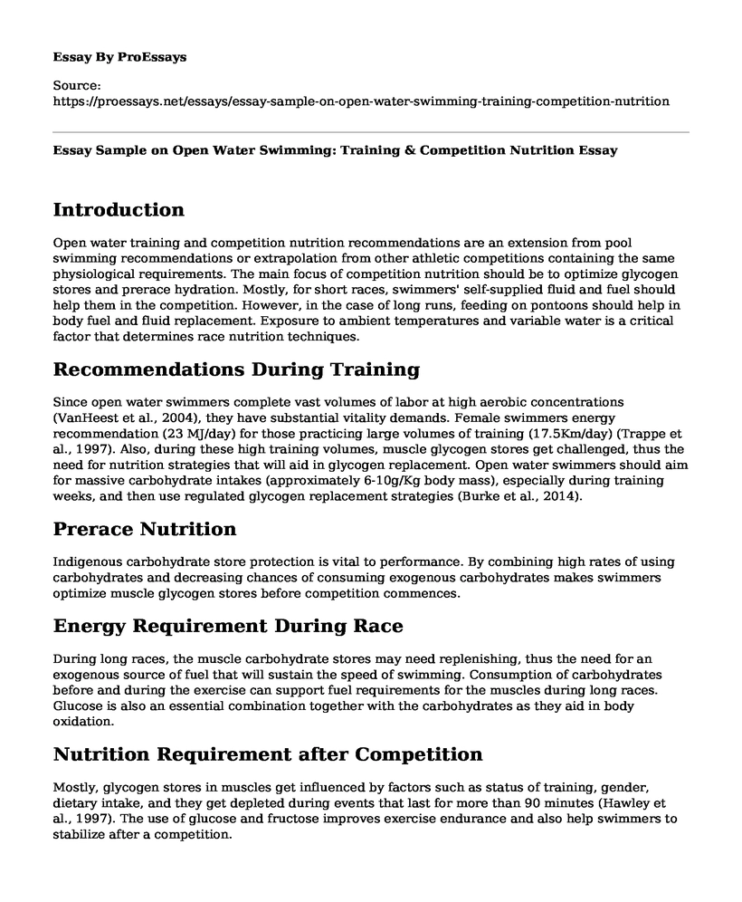Essay Sample on Open Water Swimming: Training & Competition Nutrition