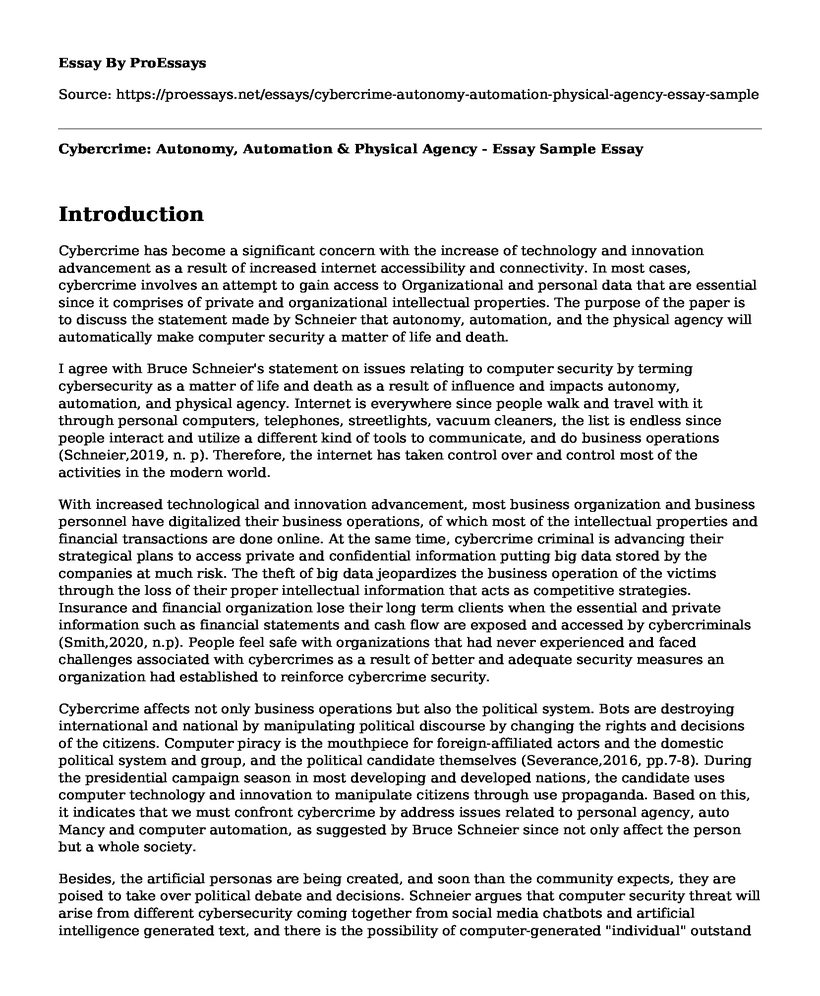 Cybercrime: Autonomy, Automation & Physical Agency - Essay Sample