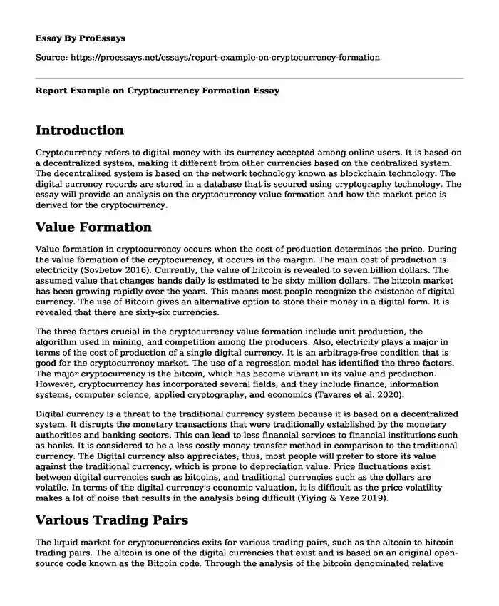Report Example on Cryptocurrency Formation