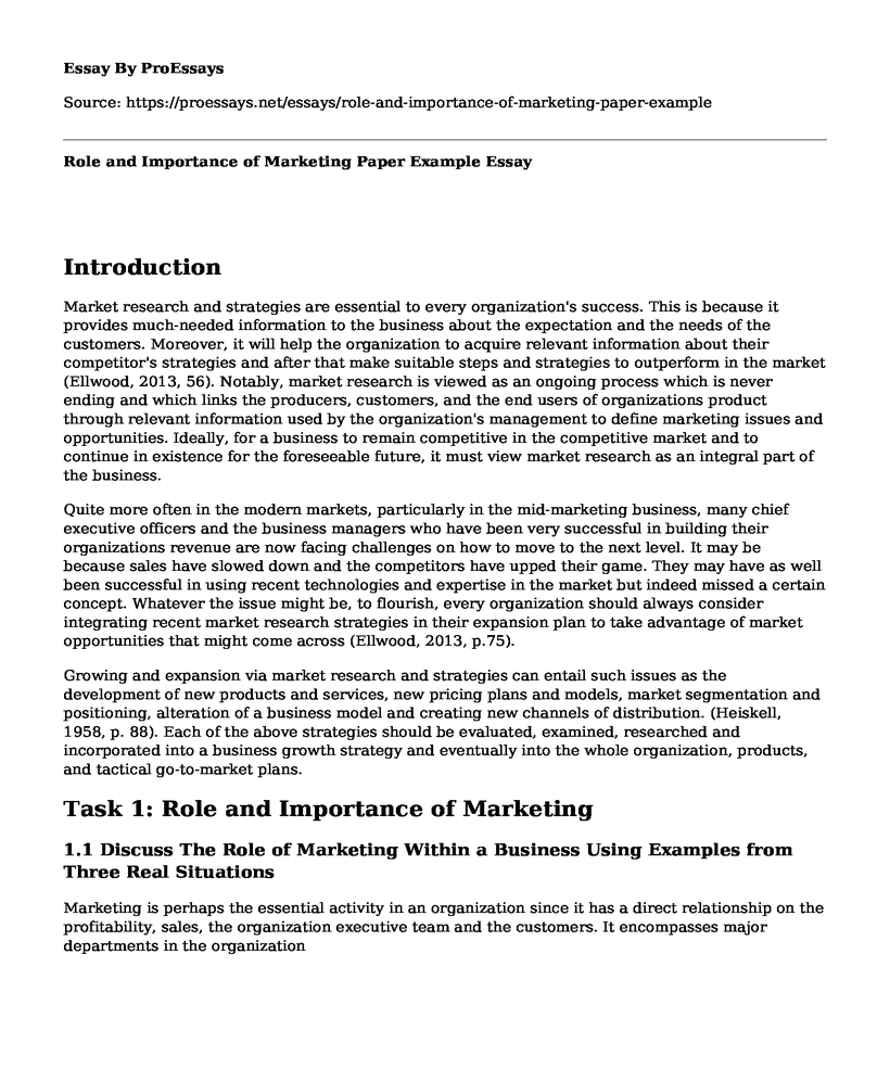 Role and Importance of Marketing Paper Example