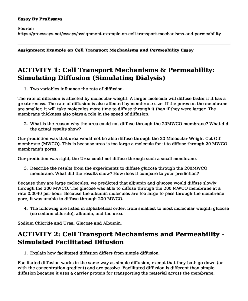Assignment Example on Cell Transport Mechanisms and Permeability