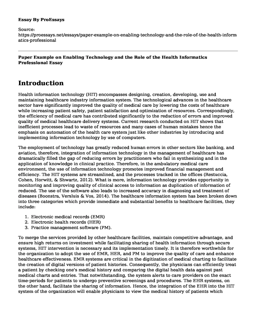 Paper Example on Enabling Technology and the Role of the Health Informatics Professional