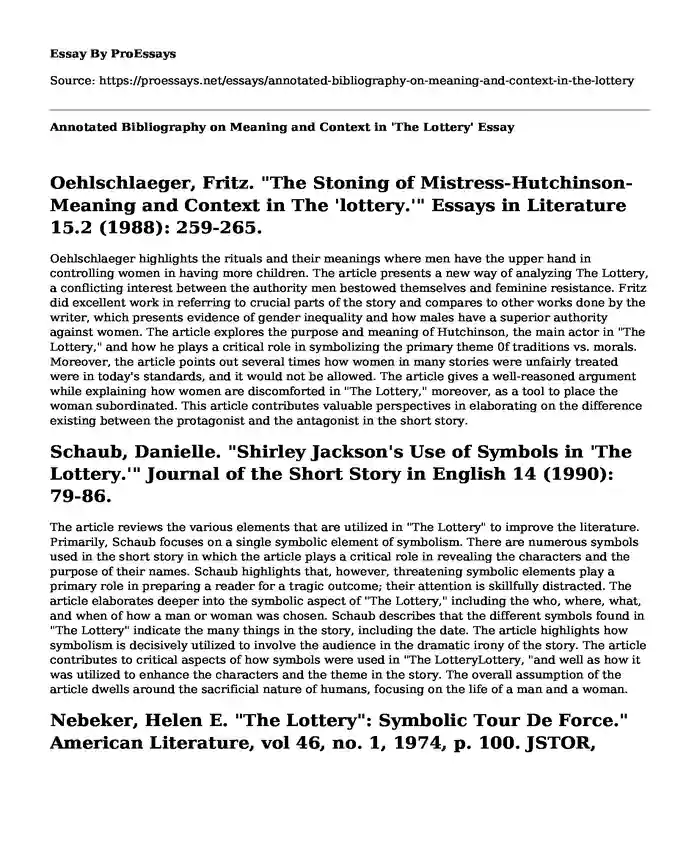 Annotated Bibliography on Meaning and Context in 'The Lottery'