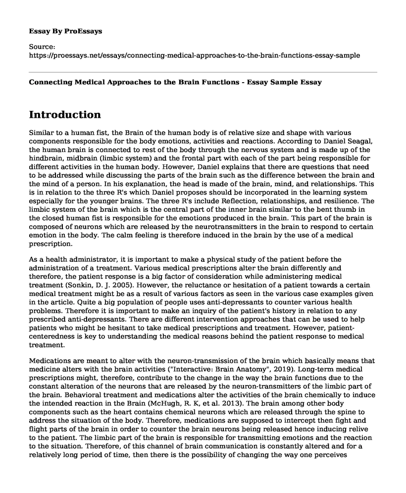 Connecting Medical Approaches to the Brain Functions - Essay Sample