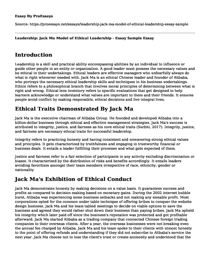 Leadership: Jack Ma Model of Ethical Leadership - Essay Sample