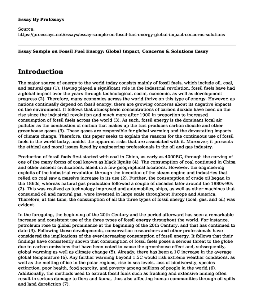 Essay Sample on Fossil Fuel Energy: Global Impact, Concerns & Solutions
