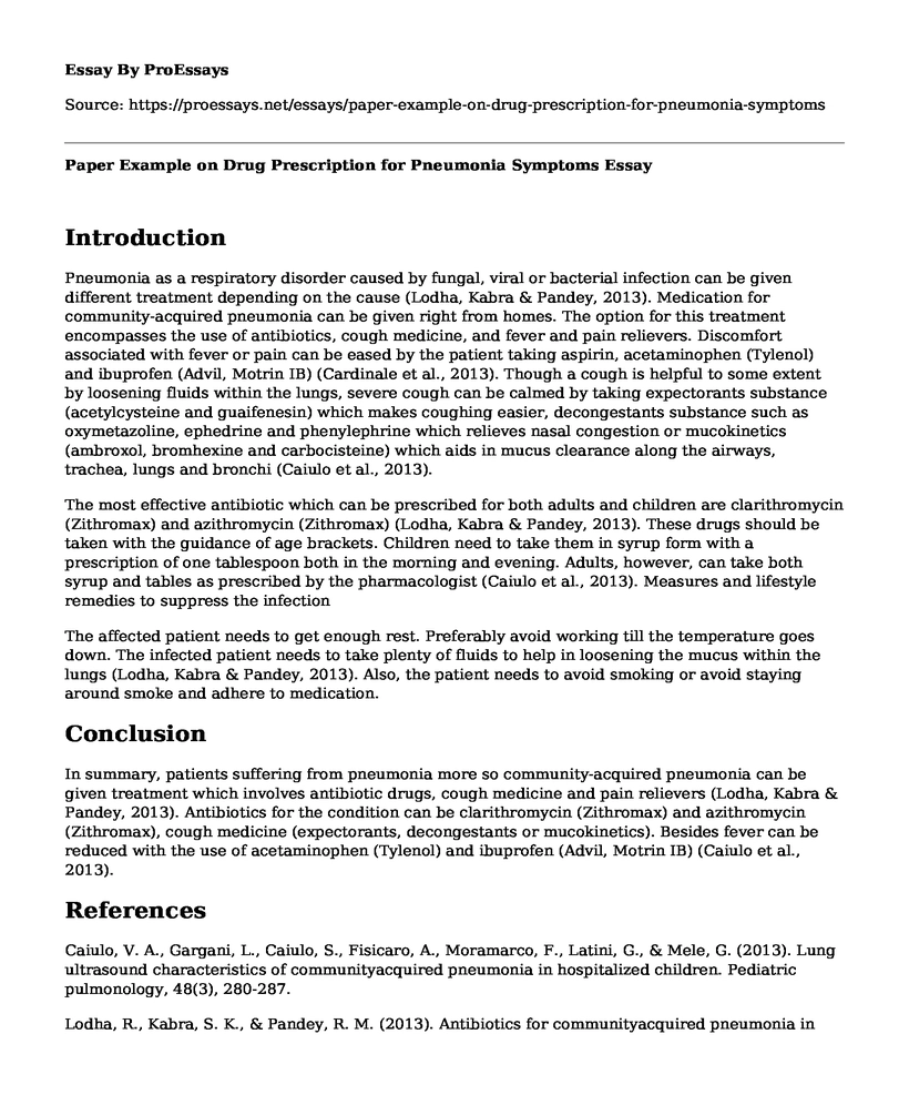 Paper Example on Drug Prescription for Pneumonia Symptoms