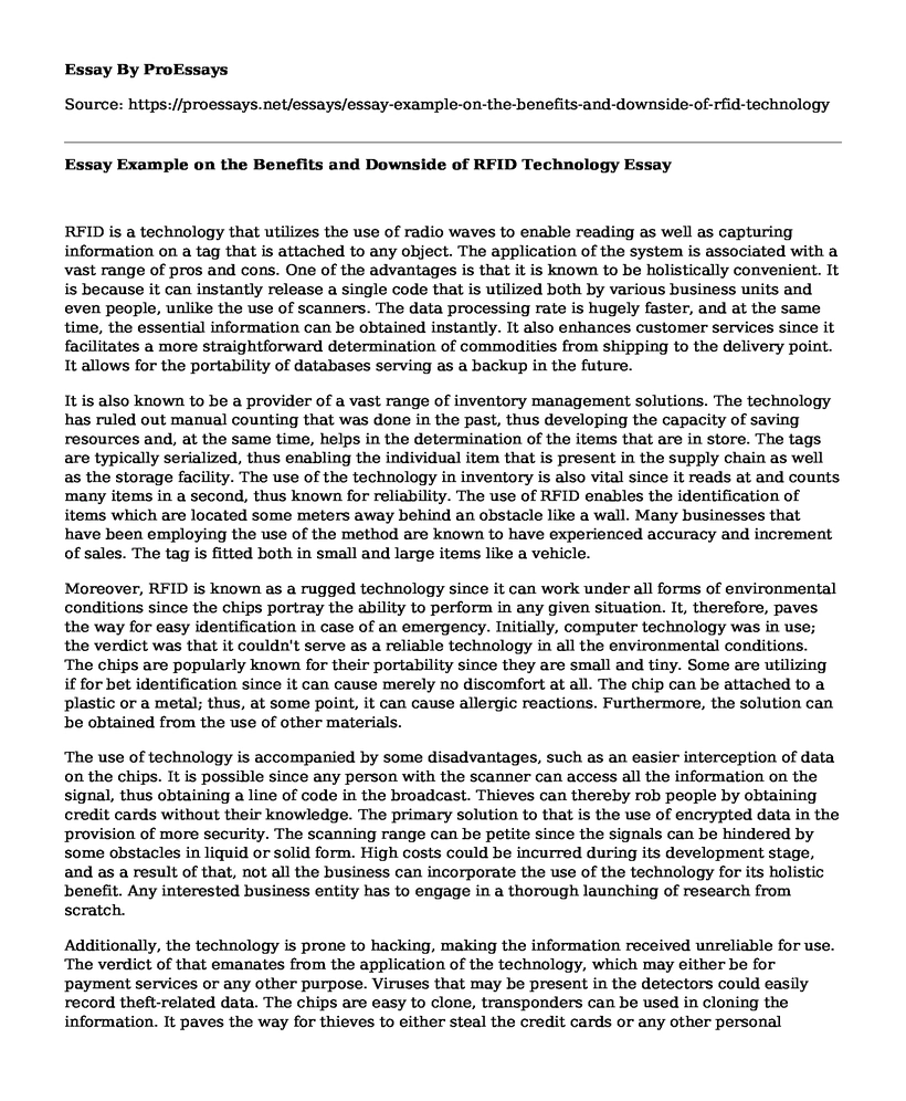 Essay Example on the Benefits and Downside of RFID Technology