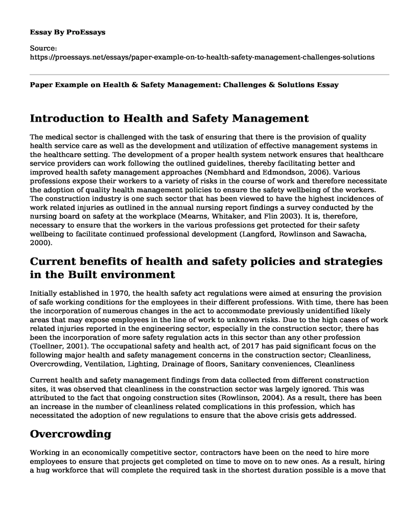 Paper Example on Health & Safety Management: Challenges & Solutions