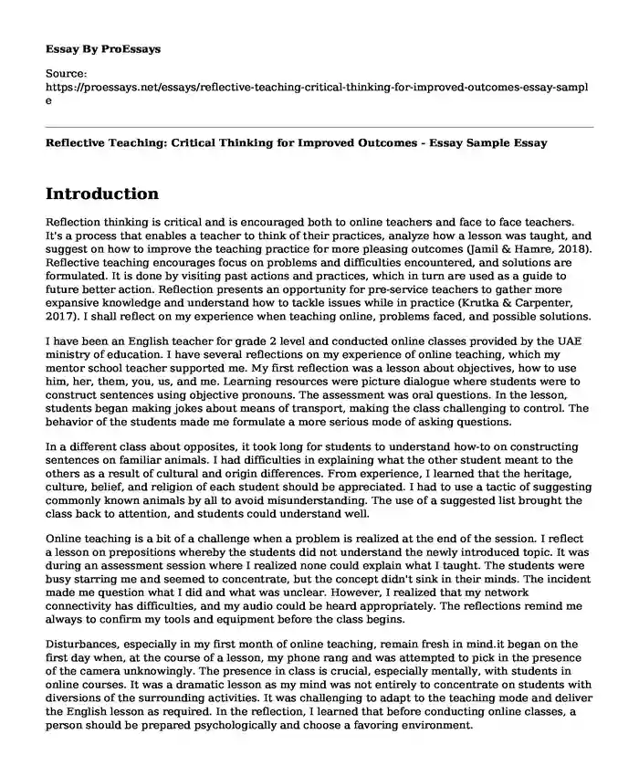 Reflective Teaching: Critical Thinking for Improved Outcomes - Essay Sample