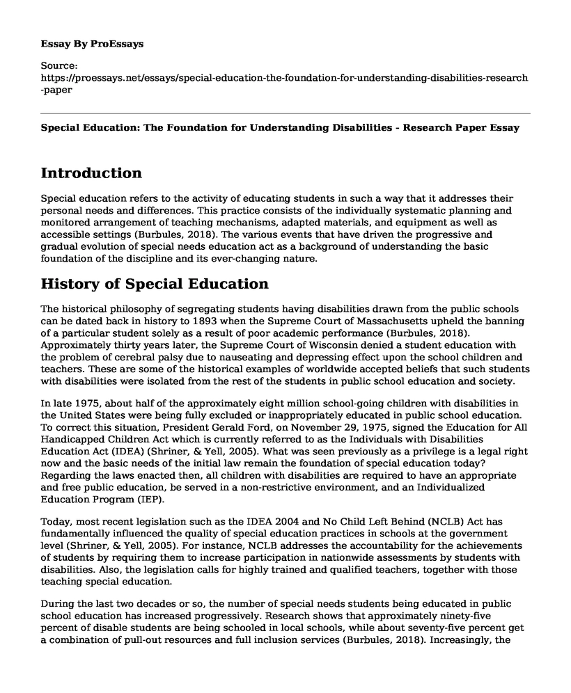 Special Education: The Foundation for Understanding Disabilities - Research Paper