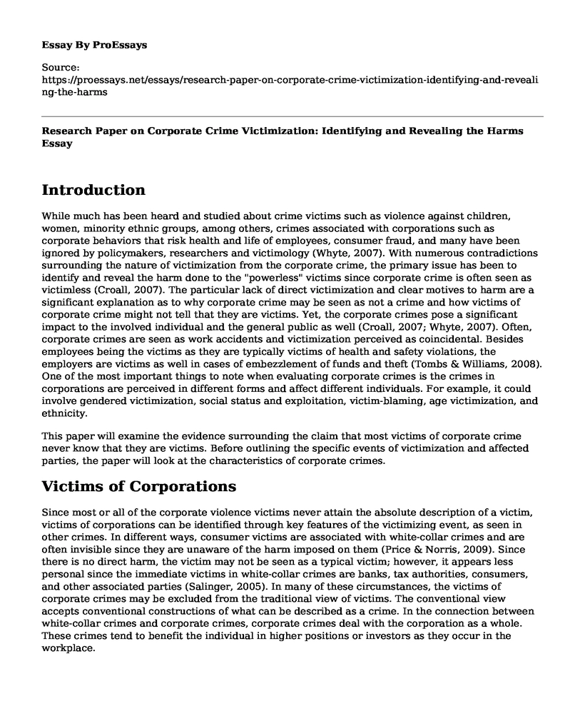 Research Paper on Corporate Crime Victimization: Identifying and Revealing the Harms
