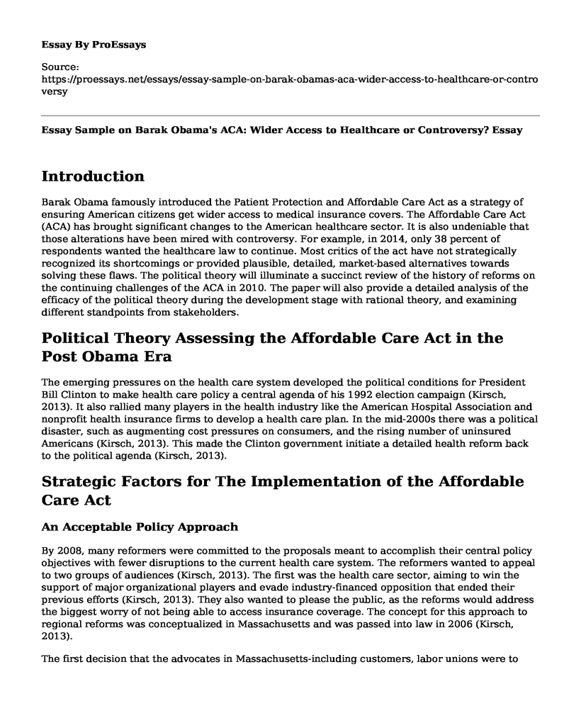 Essay Sample on Barak Obama's ACA: Wider Access to Healthcare or Controversy?