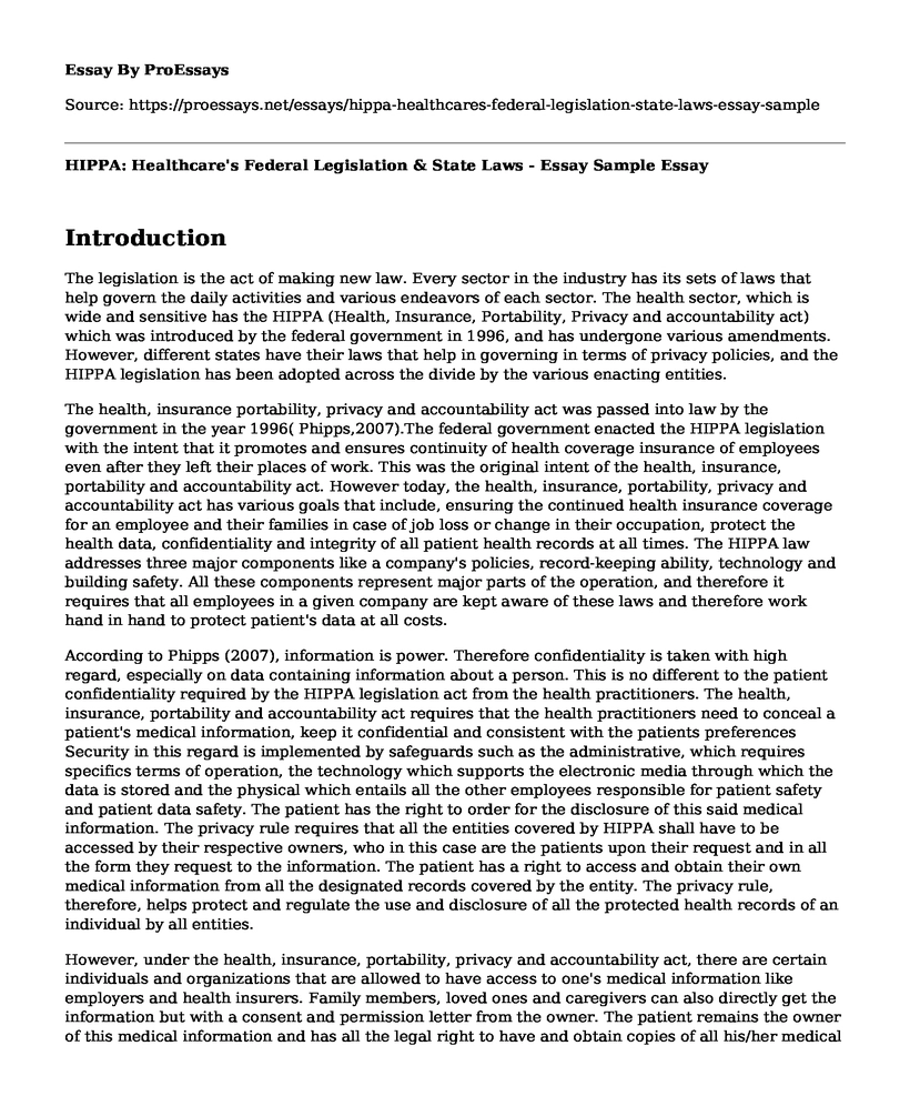 HIPPA: Healthcare's Federal Legislation & State Laws - Essay Sample